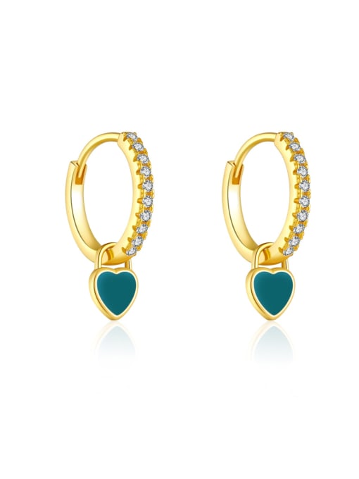 Golden [Blue Pine] 925 Sterling Silver Cubic Zirconia Enamel Heart Trend Stud Earring